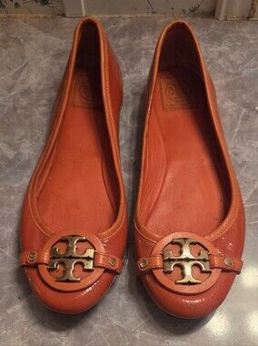 Tory Burch Orange Patent Leather Logo Ballet Flats